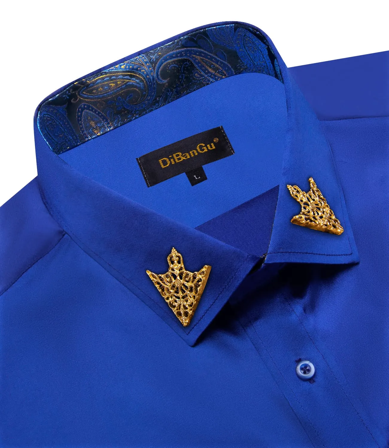 DiBanGu Collar Shirt Violet Blue Satin Splicing Solid Button Down Mens Shirt