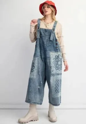 Easel Wide Leg Washed Denim Overalls