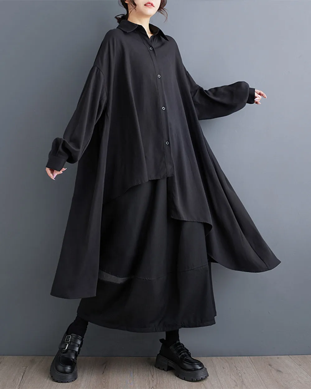 ellazhu Women's Long Sleeve Lapel Button Down Solid Color Irregular Hem Loose Shirt GZ319 Black