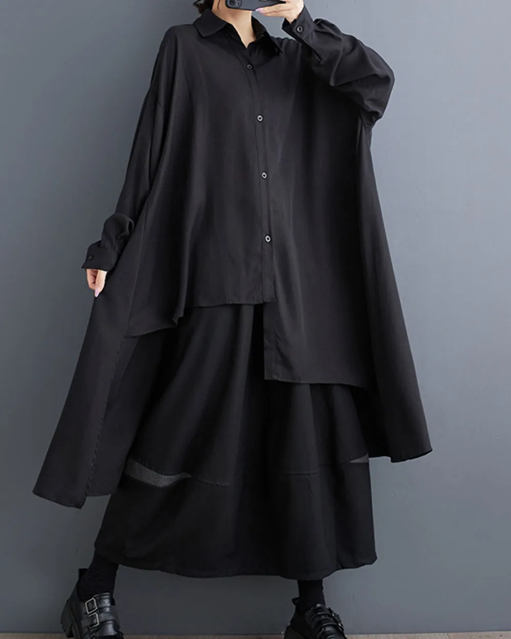 ellazhu Women's Long Sleeve Lapel Button Down Solid Color Irregular Hem Loose Shirt GZ319 Black