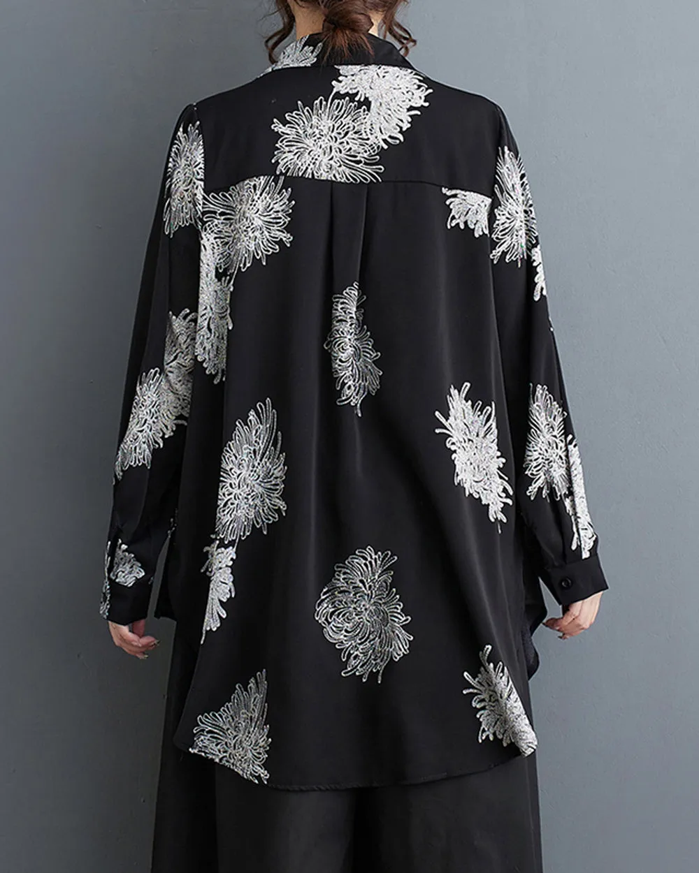 ellazhu Women's Long Sleeves Floral Print V-Neck Side Slit Shirt T-Shirt GZ193