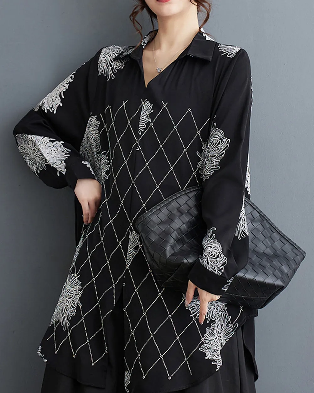 ellazhu Women's Long Sleeves Floral Print V-Neck Side Slit Shirt T-Shirt GZ193