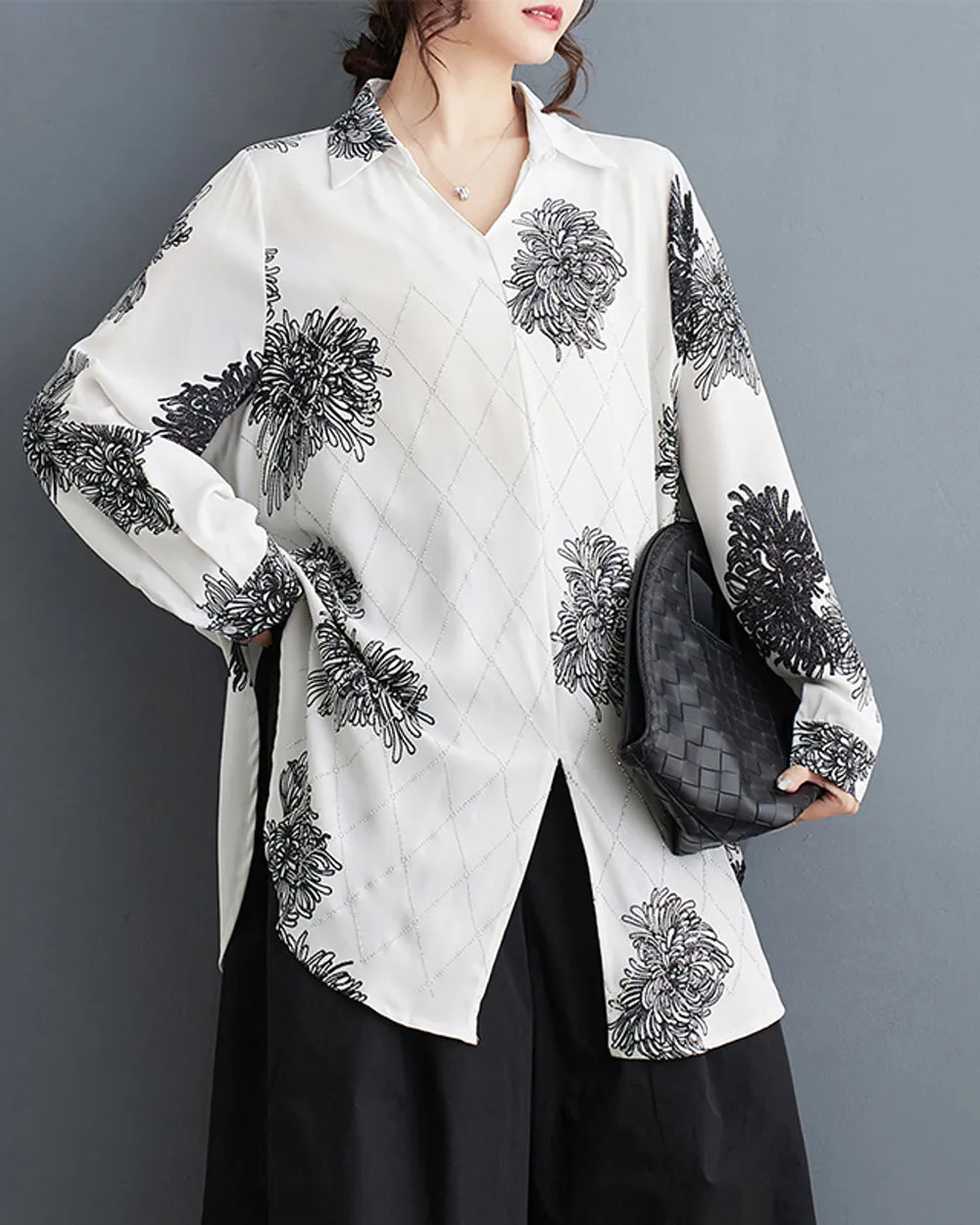 ellazhu Women's Long Sleeves Floral Print V-Neck Side Slit Shirt T-Shirt GZ193