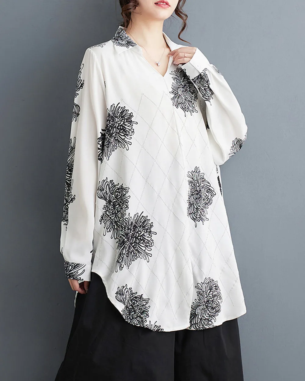 ellazhu Women's Long Sleeves Floral Print V-Neck Side Slit Shirt T-Shirt GZ193