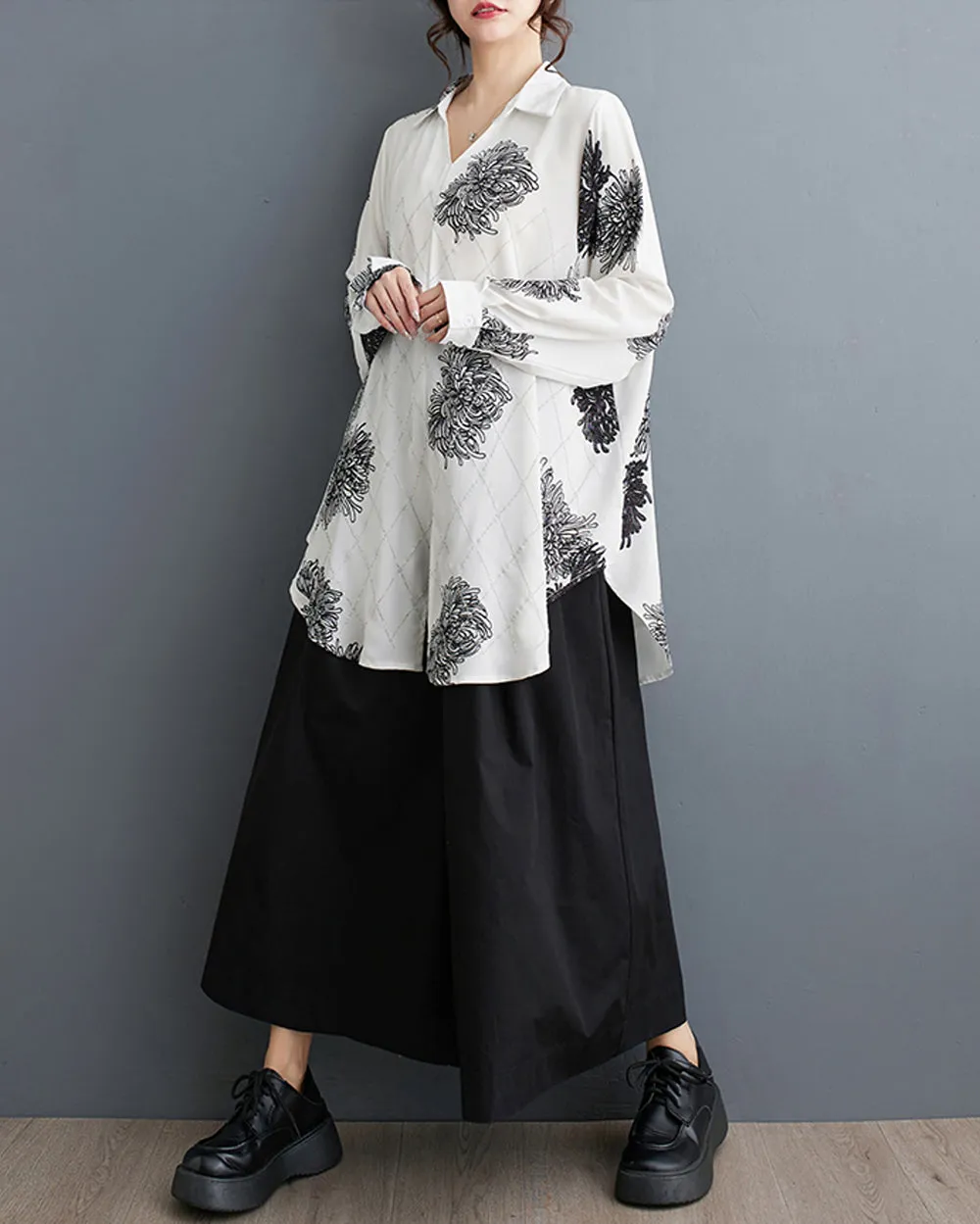ellazhu Women's Long Sleeves Floral Print V-Neck Side Slit Shirt T-Shirt GZ193