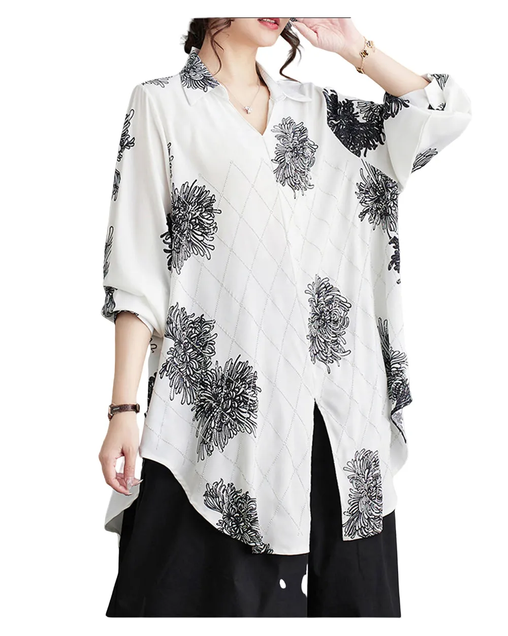 ellazhu Women's Long Sleeves Floral Print V-Neck Side Slit Shirt T-Shirt GZ193