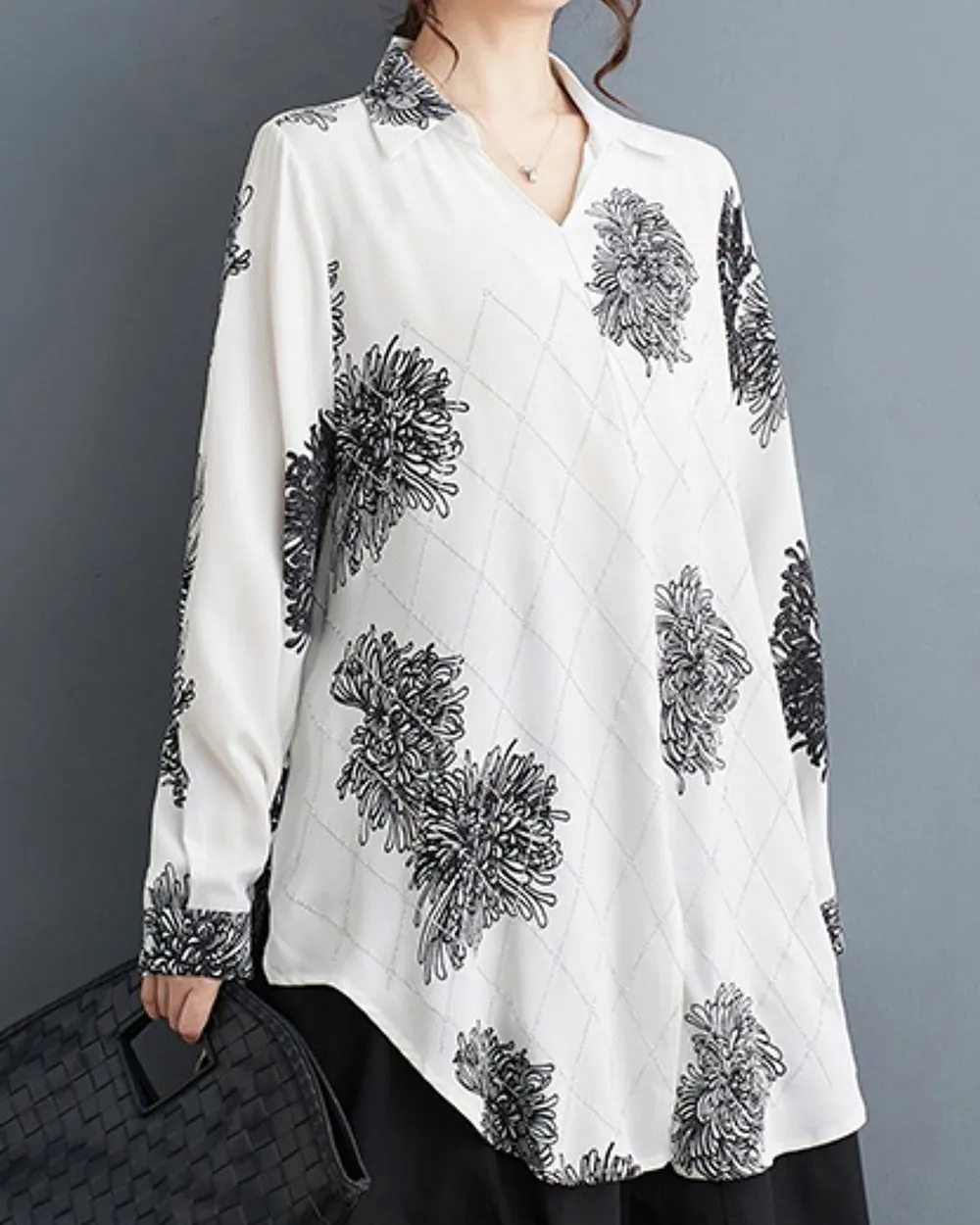 ellazhu Women's Long Sleeves Floral Print V-Neck Side Slit Shirt T-Shirt GZ193