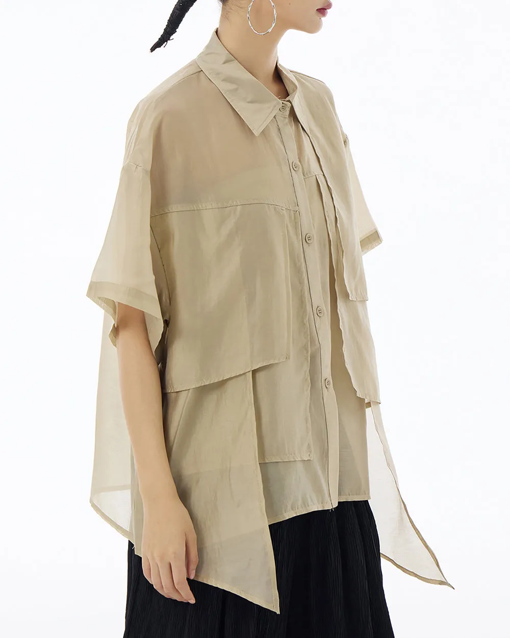 ellazhu Women's Shirt Button Down Short Sleeve See Through Lapel Patchwork Solid Color Sheer Loose Summer GE14