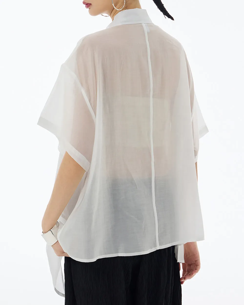 ellazhu Women's Shirt Button Down Short Sleeve See Through Lapel Patchwork Solid Color Sheer Loose Summer GE14