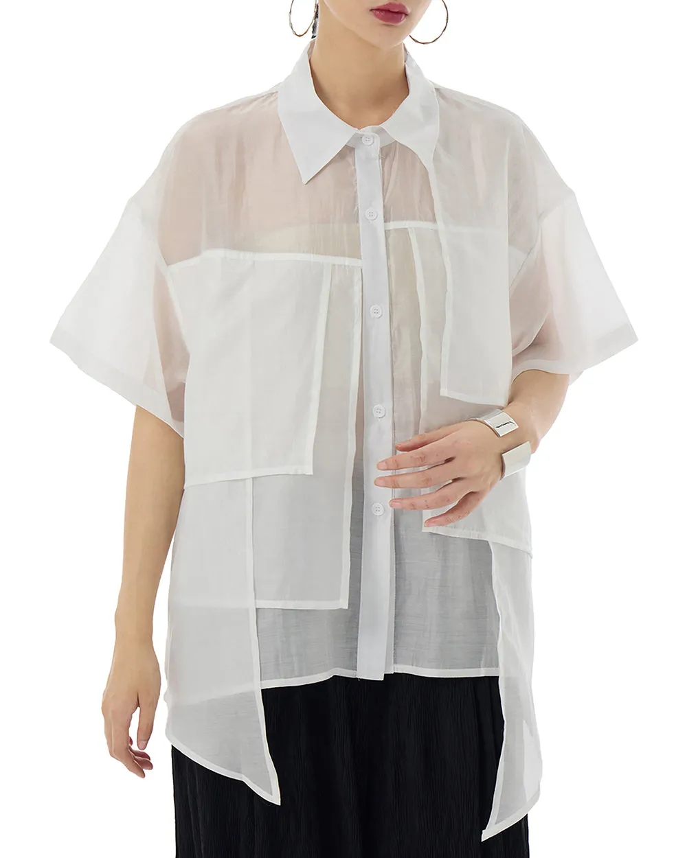 ellazhu Women's Shirt Button Down Short Sleeve See Through Lapel Patchwork Solid Color Sheer Loose Summer GE14