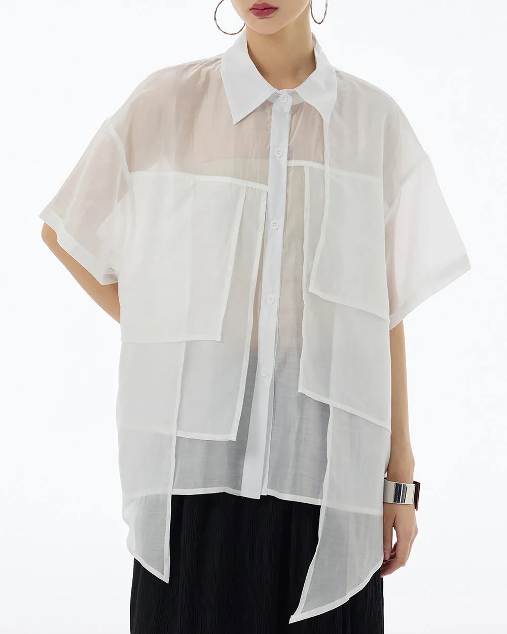 ellazhu Women's Shirt Button Down Short Sleeve See Through Lapel Patchwork Solid Color Sheer Loose Summer GE14