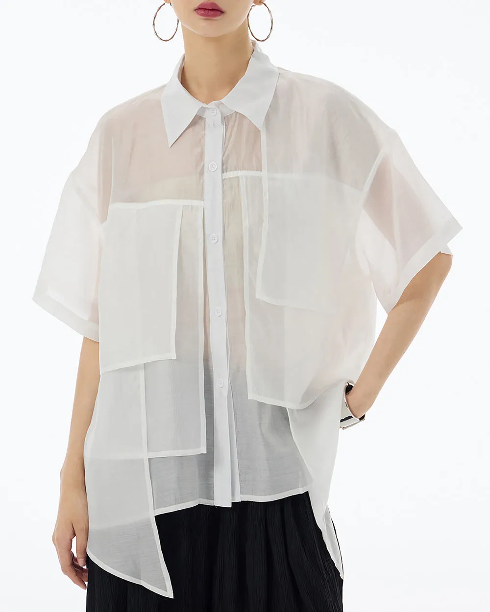 ellazhu Women's Shirt Button Down Short Sleeve See Through Lapel Patchwork Solid Color Sheer Loose Summer GE14