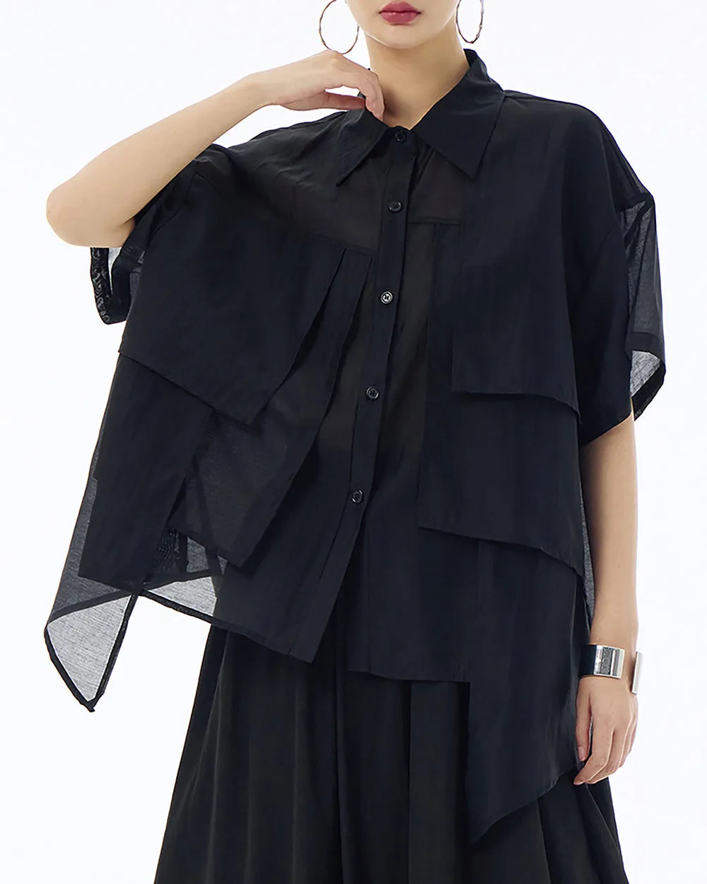 ellazhu Women's Shirt Button Down Short Sleeve See Through Lapel Patchwork Solid Color Sheer Loose Summer GE14