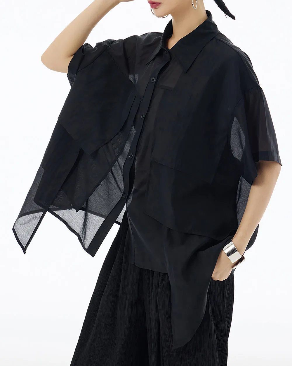 ellazhu Women's Shirt Button Down Short Sleeve See Through Lapel Patchwork Solid Color Sheer Loose Summer GE14