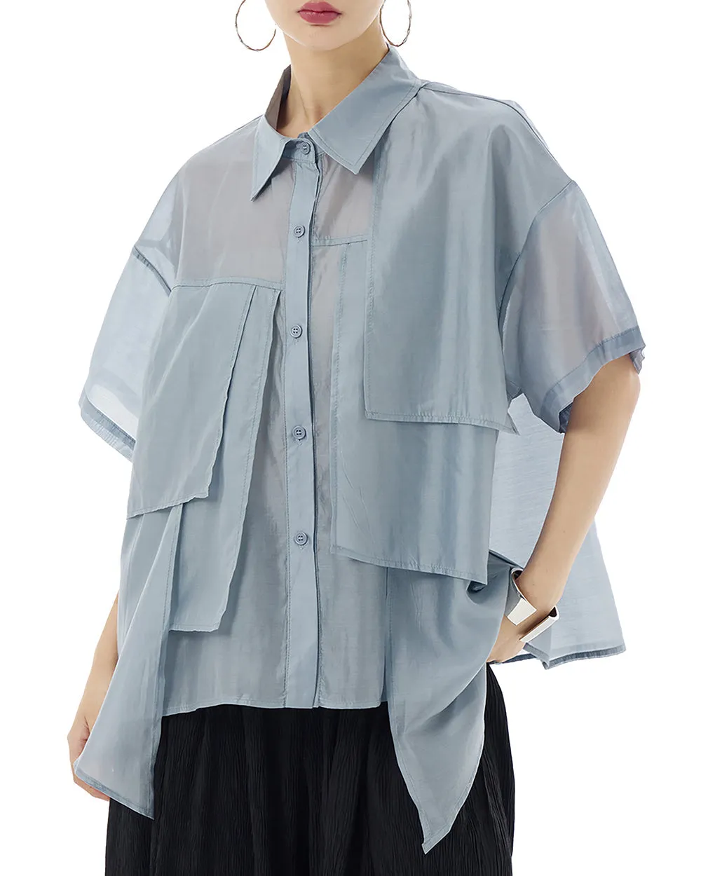 ellazhu Women's Shirt Button Down Short Sleeve See Through Lapel Patchwork Solid Color Sheer Loose Summer GE14