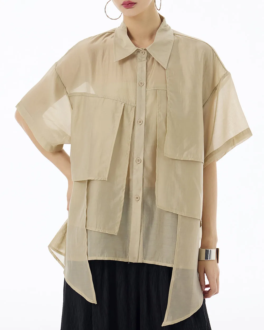 ellazhu Women's Shirt Button Down Short Sleeve See Through Lapel Patchwork Solid Color Sheer Loose Summer GE14
