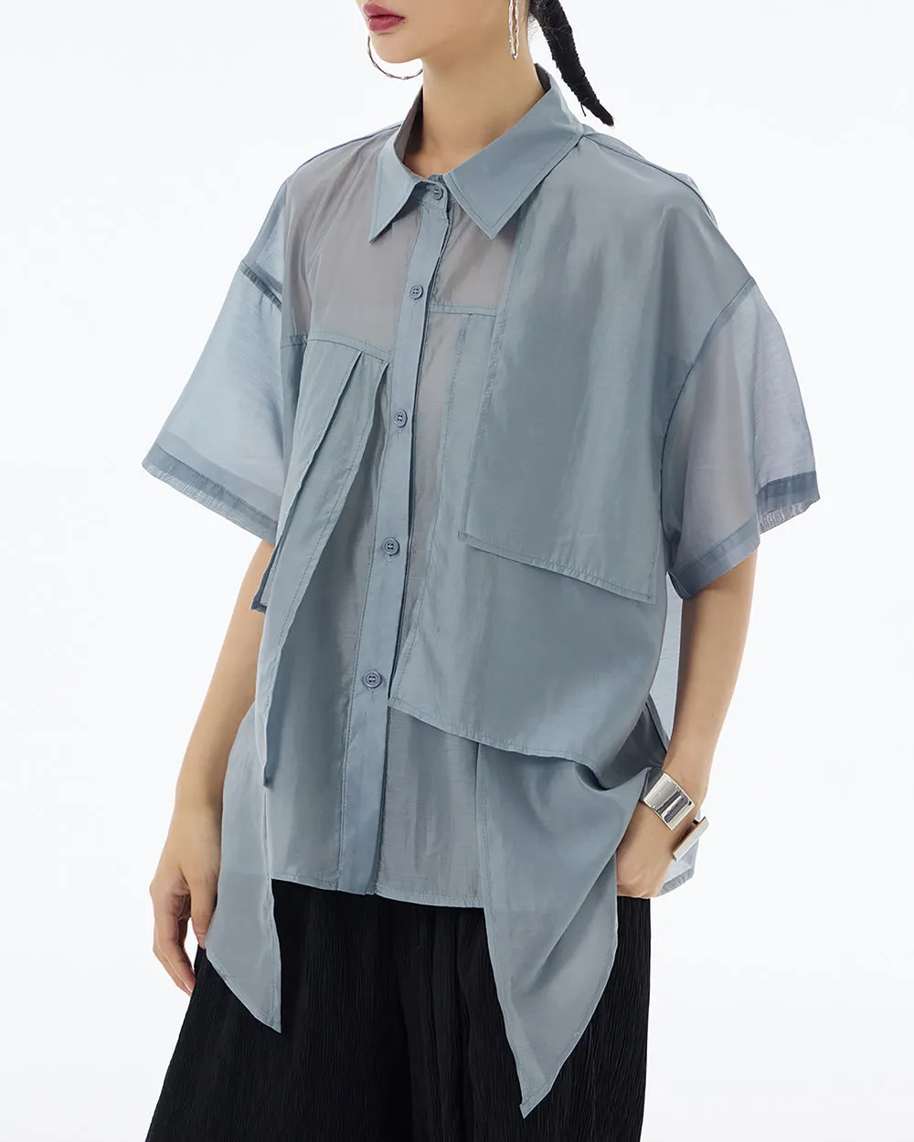 ellazhu Women's Shirt Button Down Short Sleeve See Through Lapel Patchwork Solid Color Sheer Loose Summer GE14