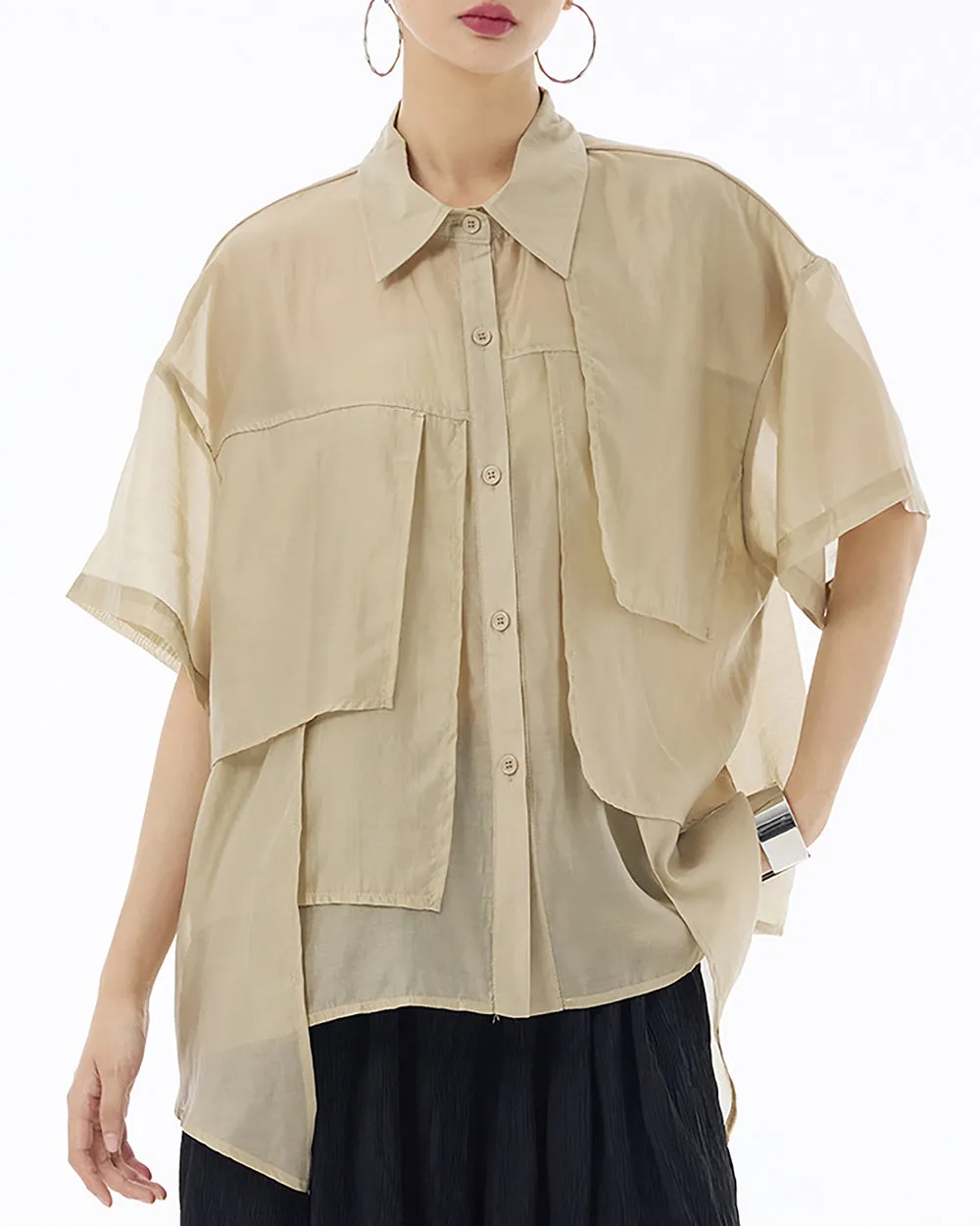 ellazhu Women's Shirt Button Down Short Sleeve See Through Lapel Patchwork Solid Color Sheer Loose Summer GE14
