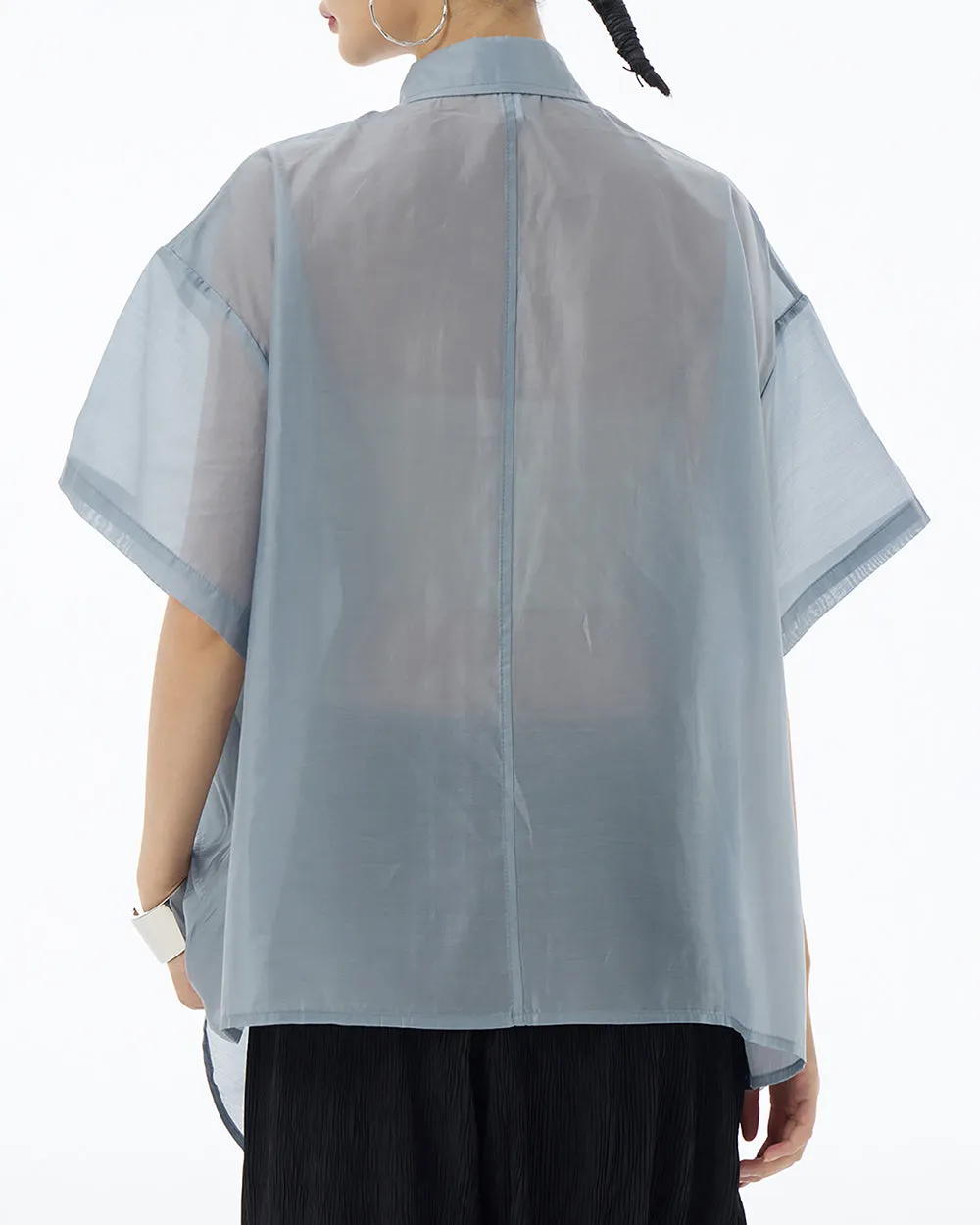 ellazhu Women's Shirt Button Down Short Sleeve See Through Lapel Patchwork Solid Color Sheer Loose Summer GE14