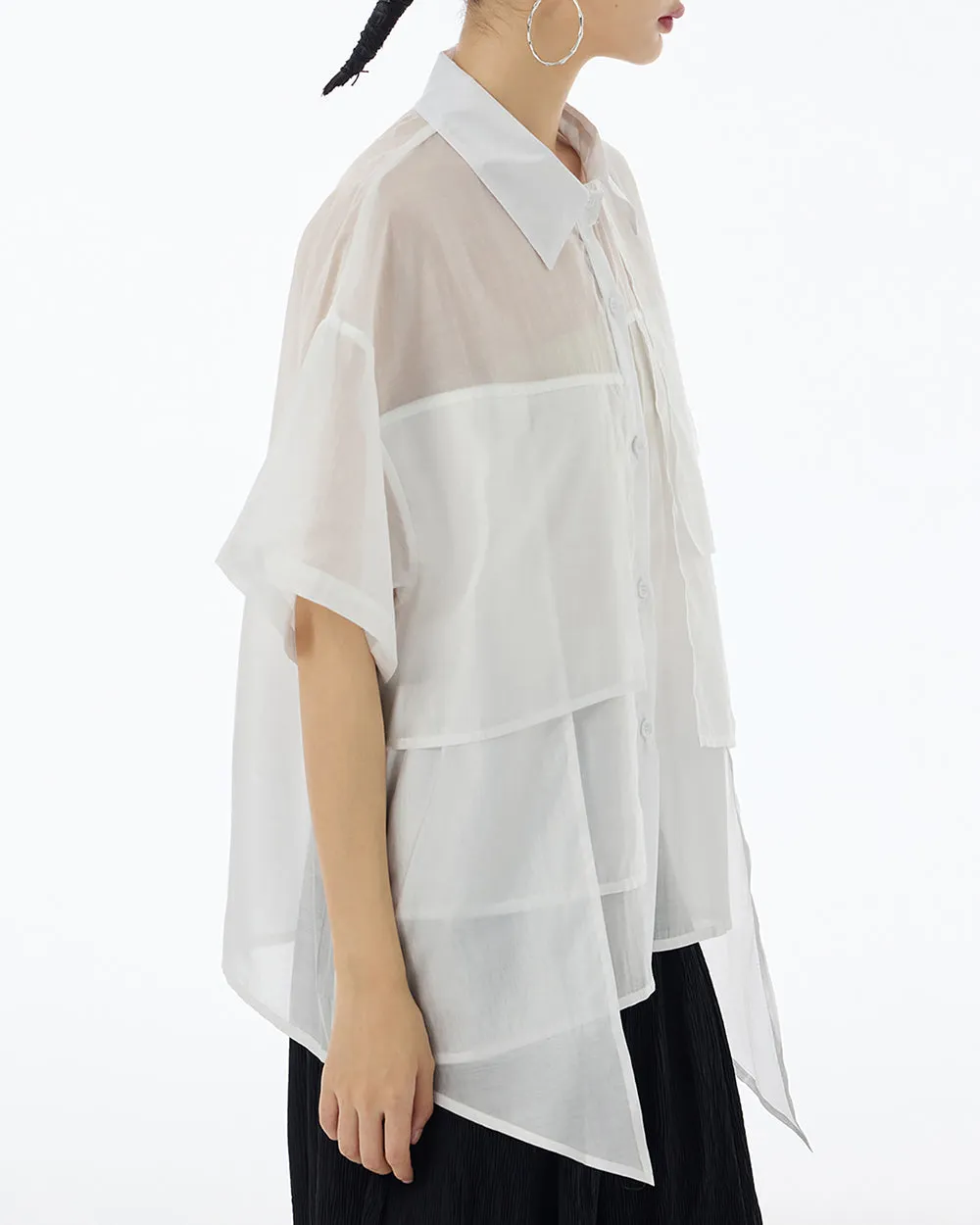 ellazhu Women's Shirt Button Down Short Sleeve See Through Lapel Patchwork Solid Color Sheer Loose Summer GE14