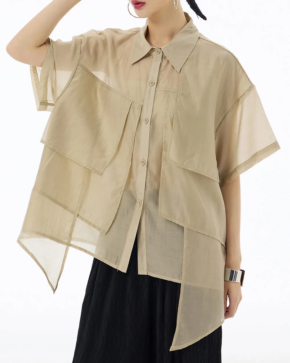 ellazhu Women's Shirt Button Down Short Sleeve See Through Lapel Patchwork Solid Color Sheer Loose Summer GE14
