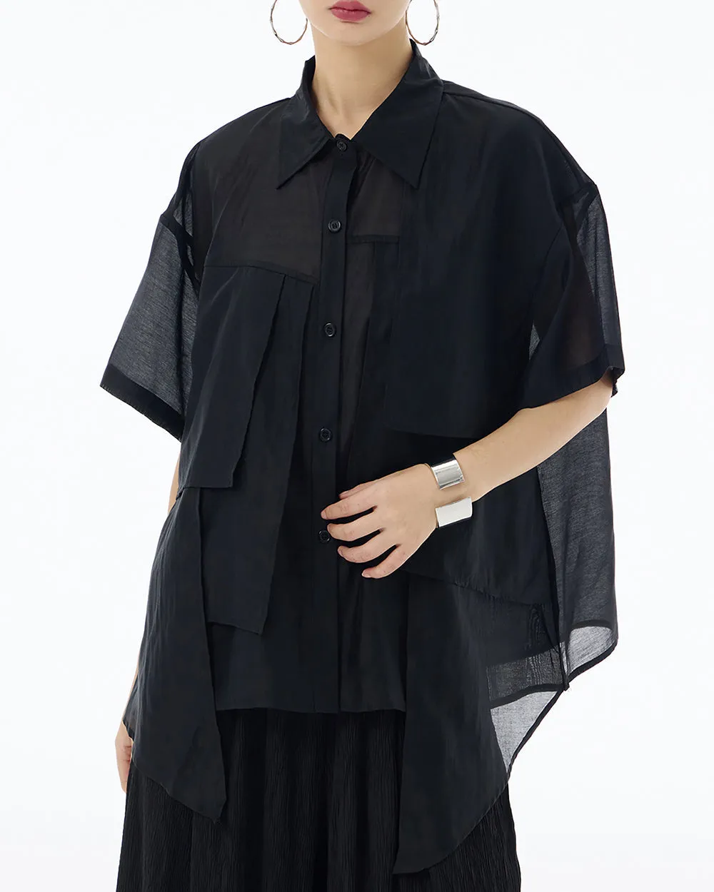 ellazhu Women's Shirt Button Down Short Sleeve See Through Lapel Patchwork Solid Color Sheer Loose Summer GE14