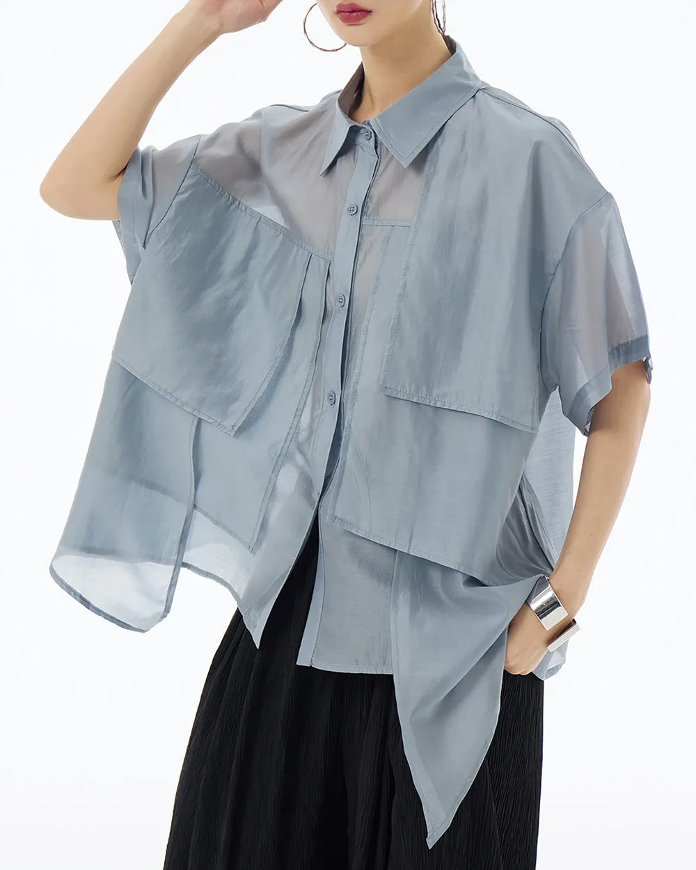 ellazhu Women's Shirt Button Down Short Sleeve See Through Lapel Patchwork Solid Color Sheer Loose Summer GE14