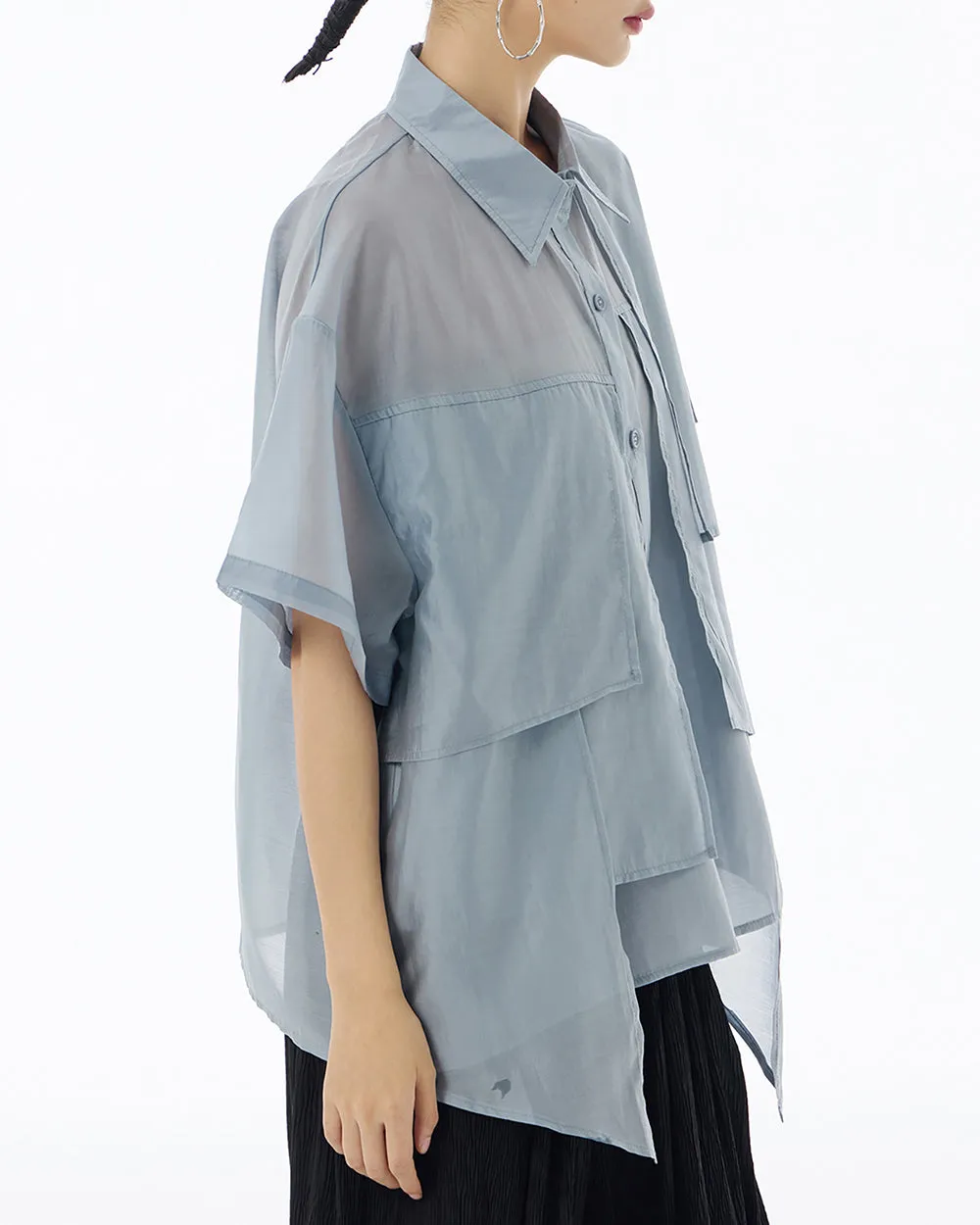 ellazhu Women's Shirt Button Down Short Sleeve See Through Lapel Patchwork Solid Color Sheer Loose Summer GE14