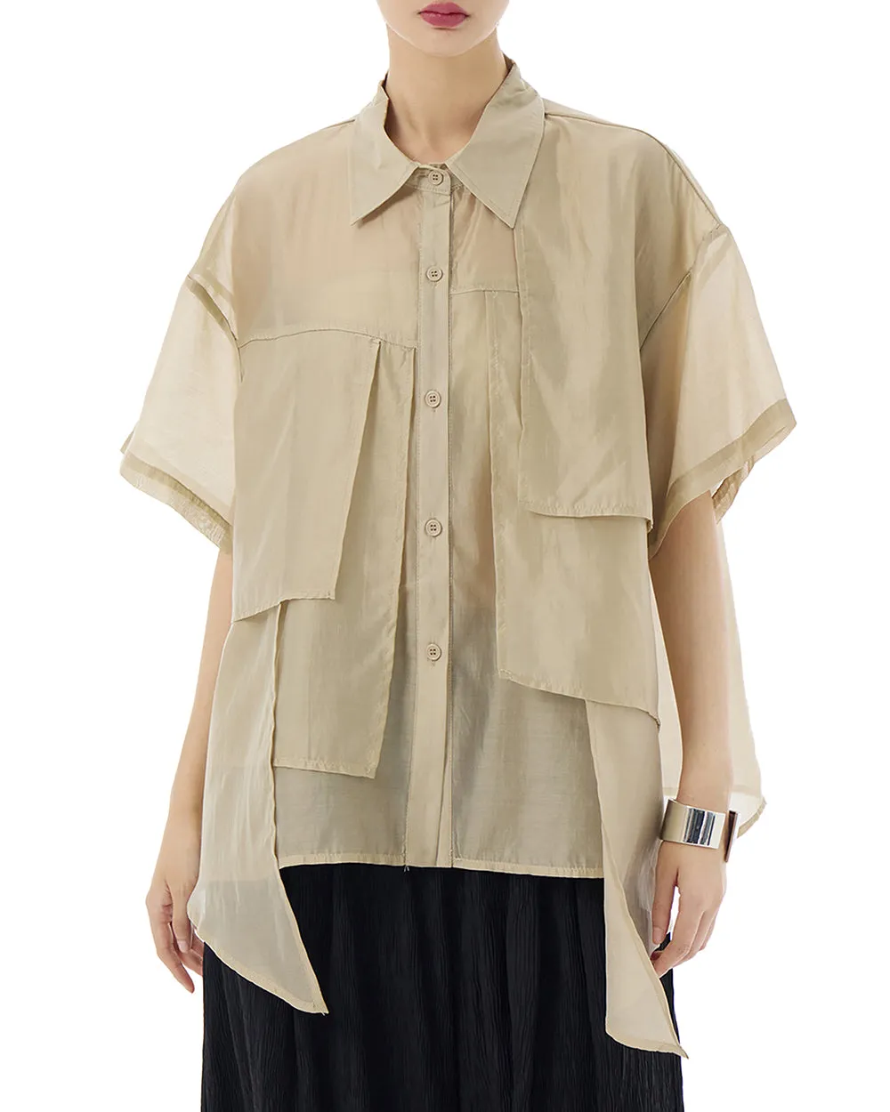 ellazhu Women's Shirt Button Down Short Sleeve See Through Lapel Patchwork Solid Color Sheer Loose Summer GE14
