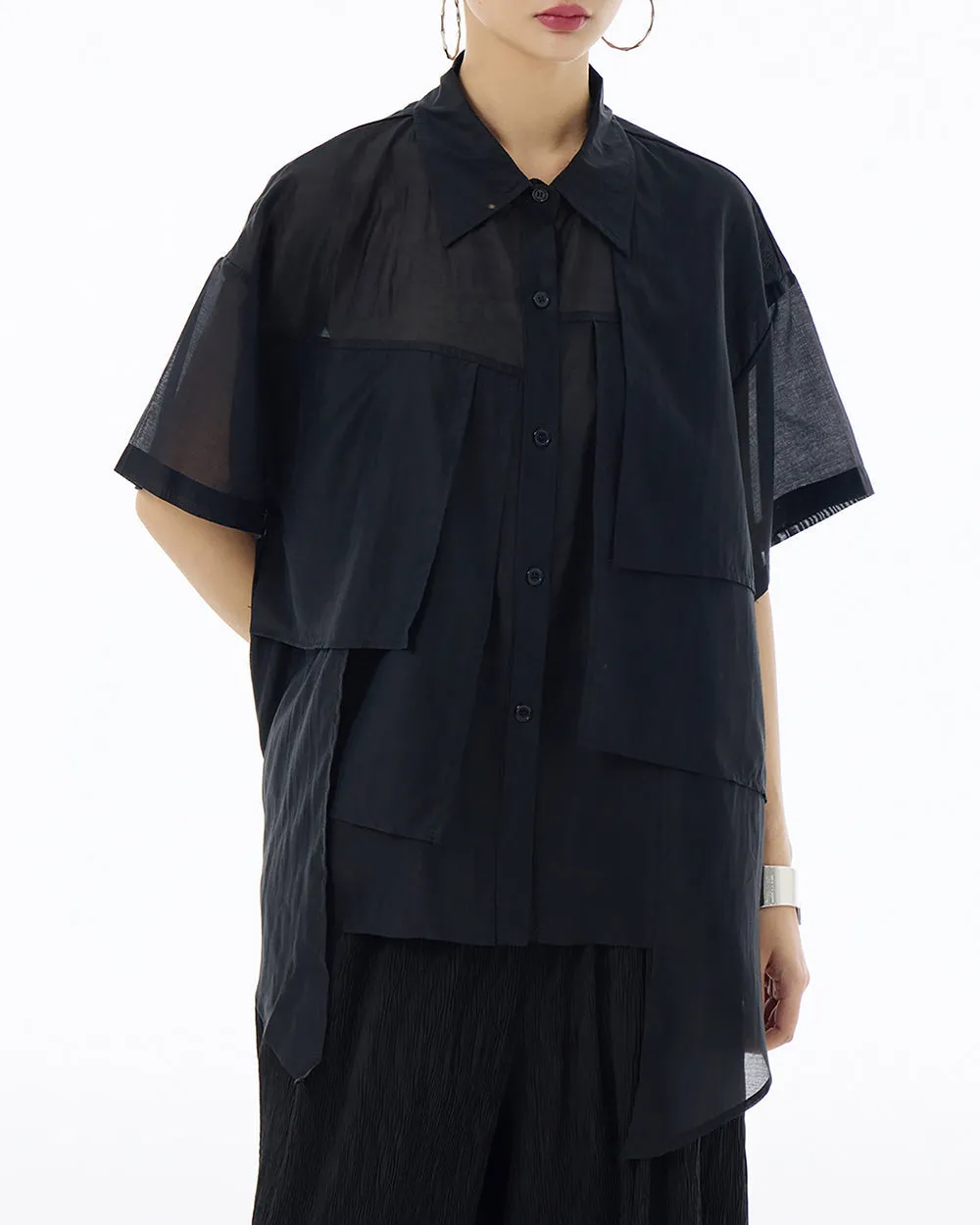 ellazhu Women's Shirt Button Down Short Sleeve See Through Lapel Patchwork Solid Color Sheer Loose Summer GE14