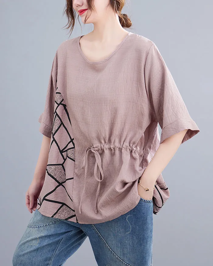 ellazhu Women's T-Shirt Crewneck Half Sleeve Solid Color Tunic Top Patchwork Loose Oversize GA2755