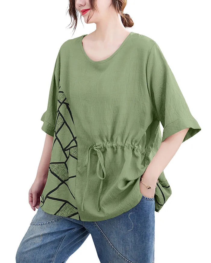 ellazhu Women's T-Shirt Crewneck Half Sleeve Solid Color Tunic Top Patchwork Loose Oversize GA2755