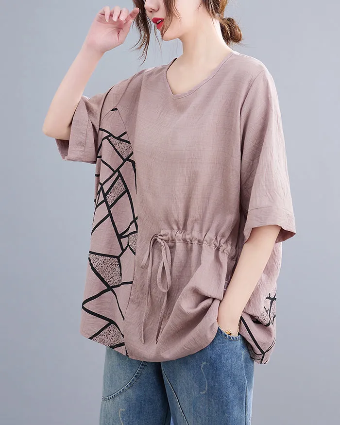 ellazhu Women's T-Shirt Crewneck Half Sleeve Solid Color Tunic Top Patchwork Loose Oversize GA2755
