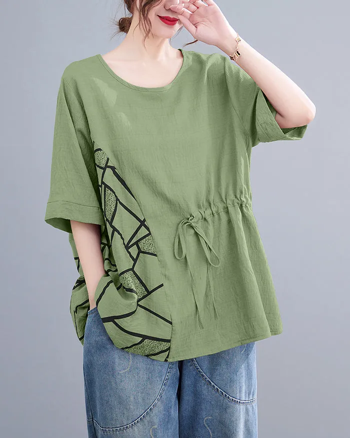 ellazhu Women's T-Shirt Crewneck Half Sleeve Solid Color Tunic Top Patchwork Loose Oversize GA2755
