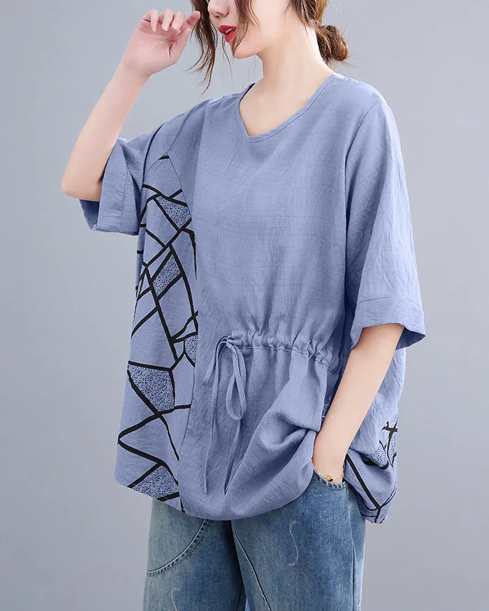 ellazhu Women's T-Shirt Crewneck Half Sleeve Solid Color Tunic Top Patchwork Loose Oversize GA2755