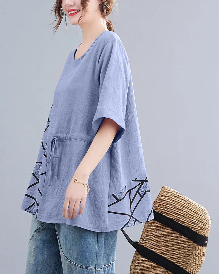 ellazhu Women's T-Shirt Crewneck Half Sleeve Solid Color Tunic Top Patchwork Loose Oversize GA2755