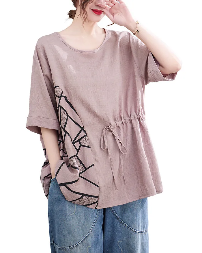 ellazhu Women's T-Shirt Crewneck Half Sleeve Solid Color Tunic Top Patchwork Loose Oversize GA2755