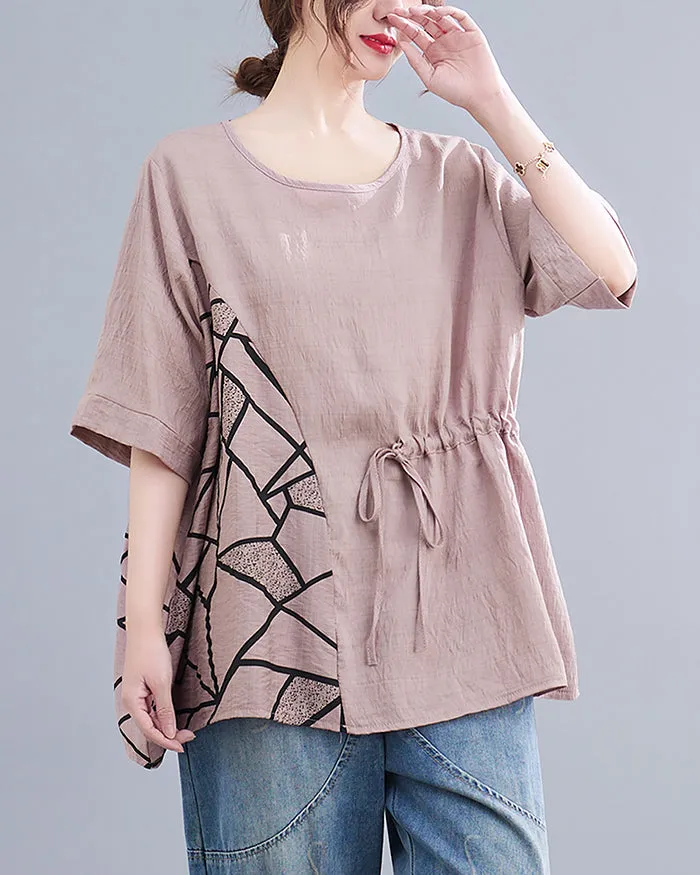 ellazhu Women's T-Shirt Crewneck Half Sleeve Solid Color Tunic Top Patchwork Loose Oversize GA2755