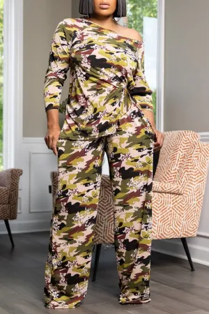 Floral Mixed Print Playful Slash Neck Pant Suit