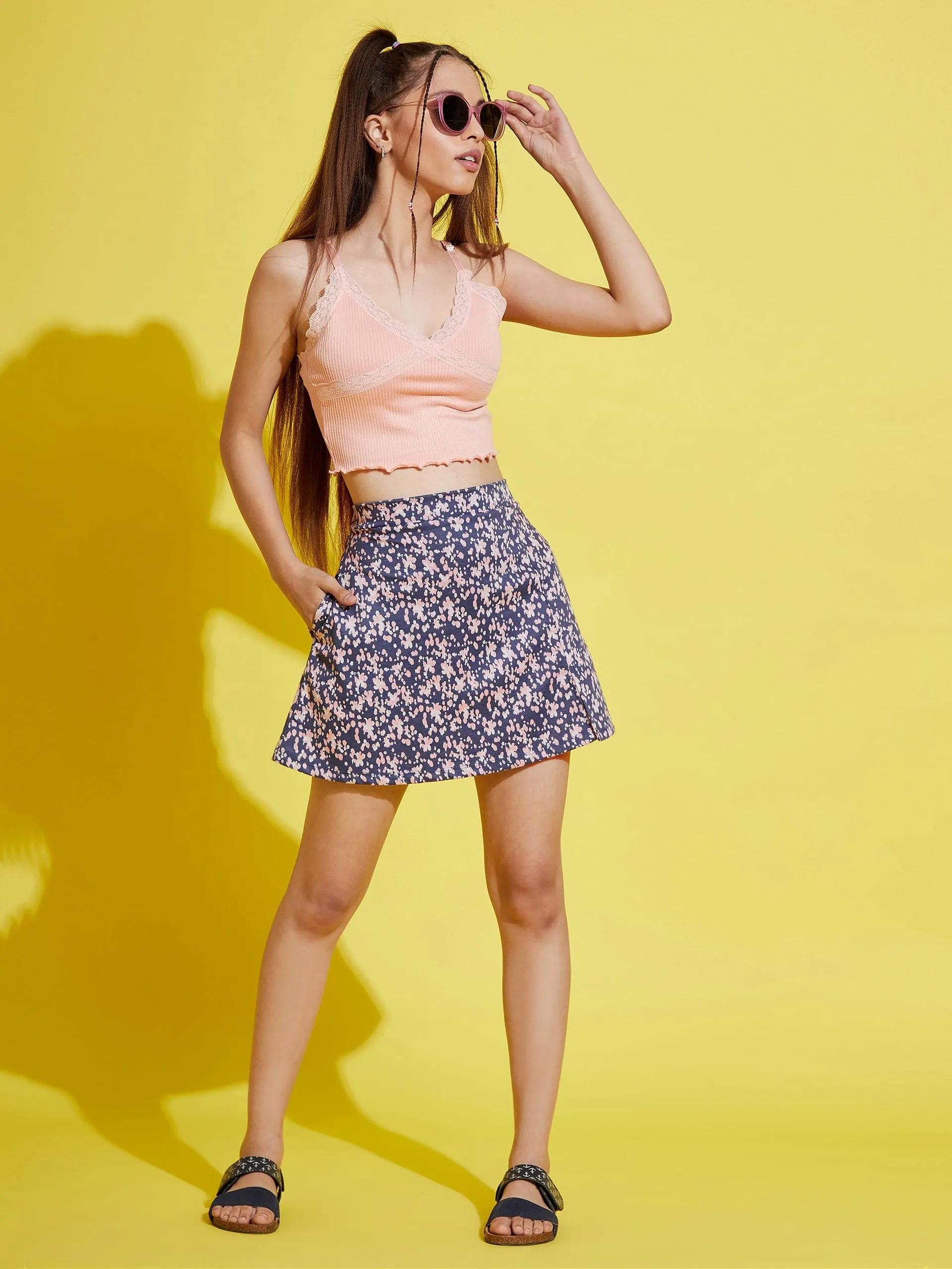 Girls Blue Floral Print A-Line Skirt - Lyush Kids