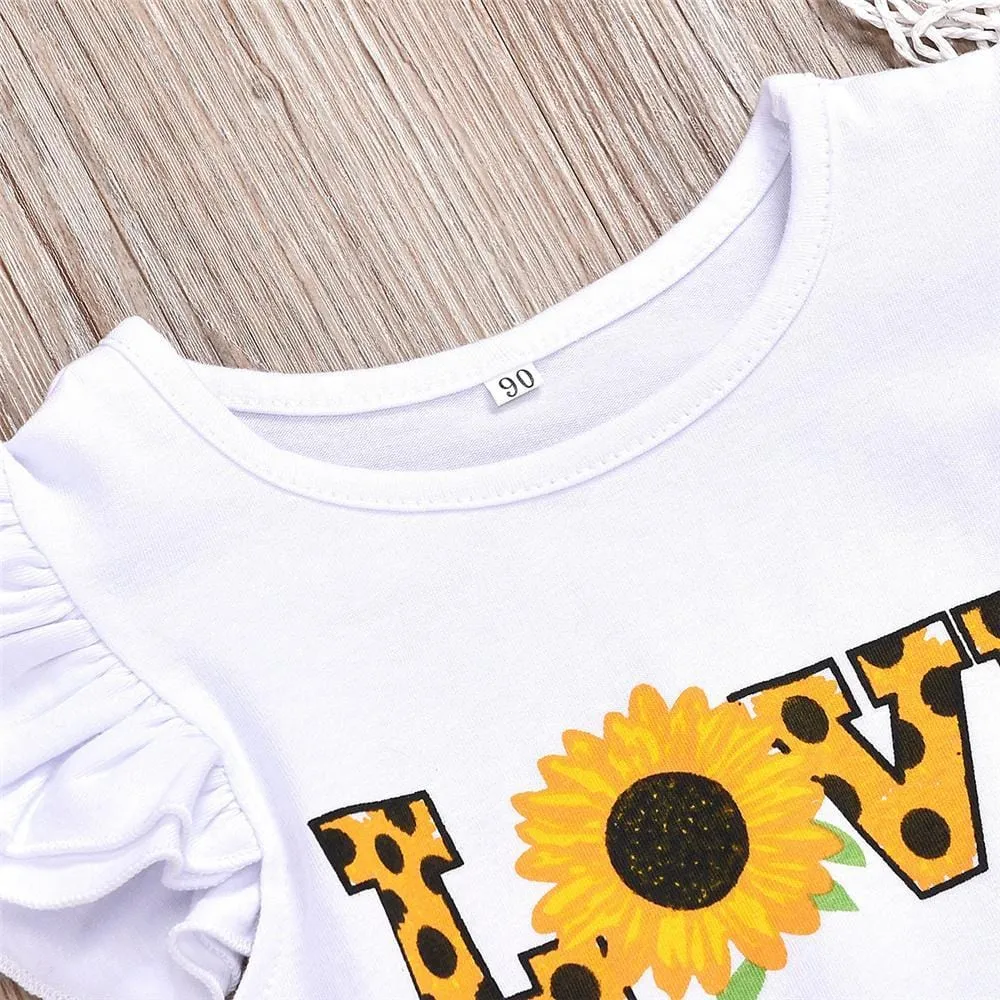 Girls Love Sunflower Printed Short Sleeve Tops & Leopard Shirts Kids Wear Wholesale