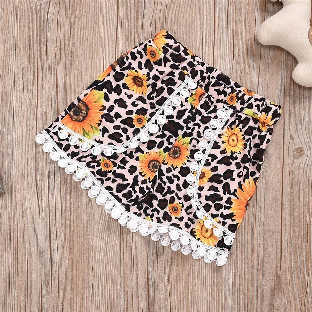 Girls Love Sunflower Printed Short Sleeve Tops & Leopard Shirts Kids Wear Wholesale