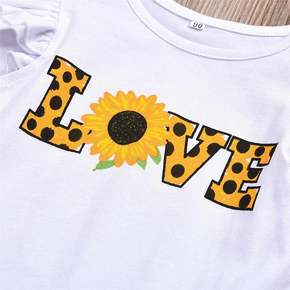 Girls Love Sunflower Printed Short Sleeve Tops & Leopard Shirts Kids Wear Wholesale