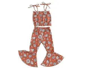 Girl's Spaghetti Strap Top and Bell Bottom Pants Outfit Set - Rust Floral