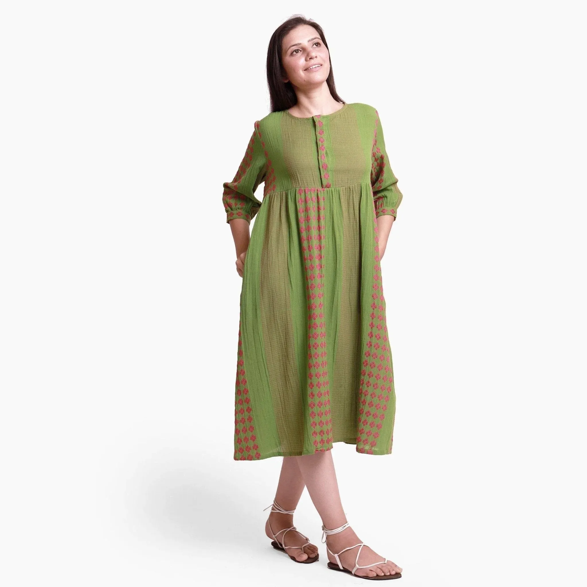 Green Crinkled 100% Cotton Gathered Midi Dress