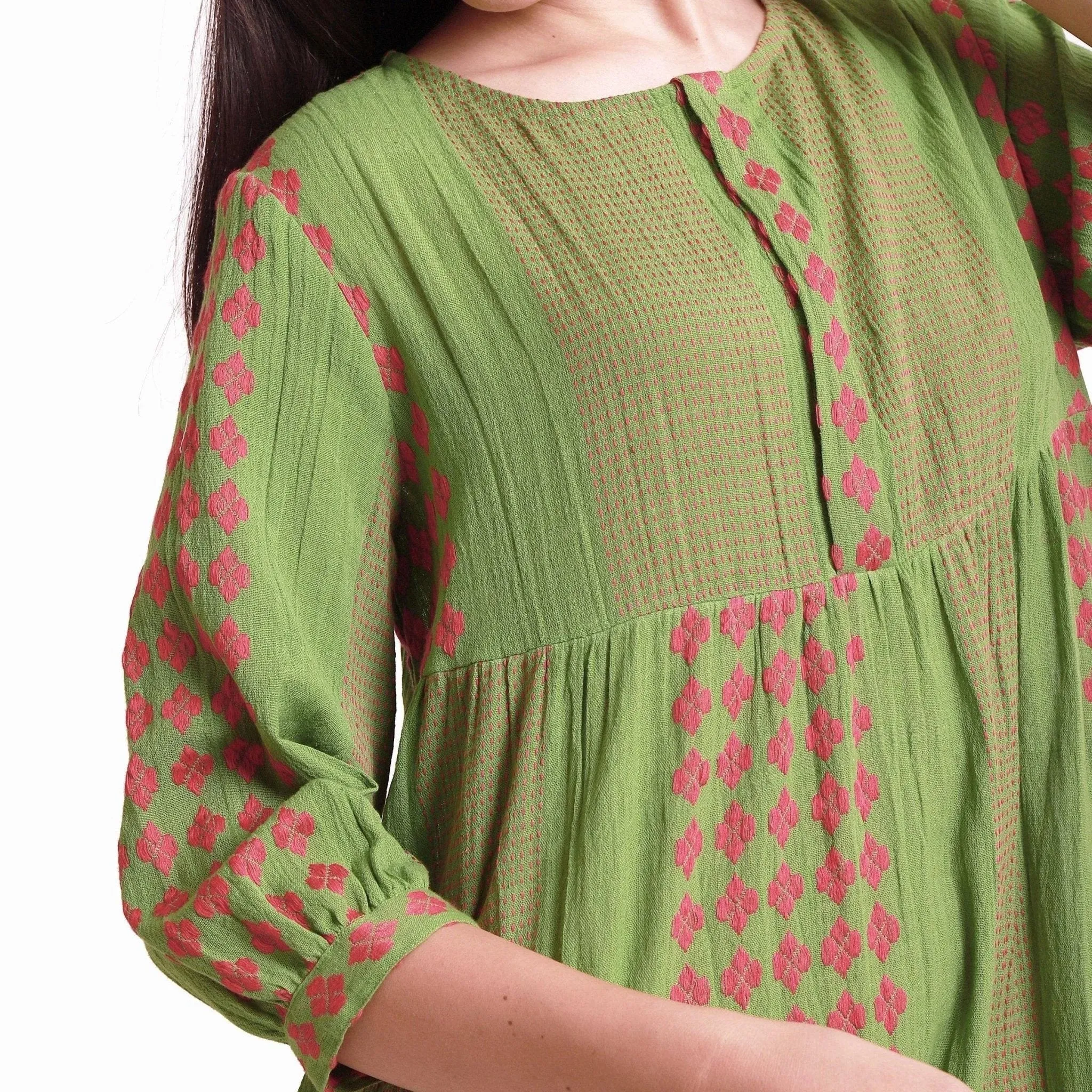 Green Crinkled 100% Cotton Gathered Midi Dress