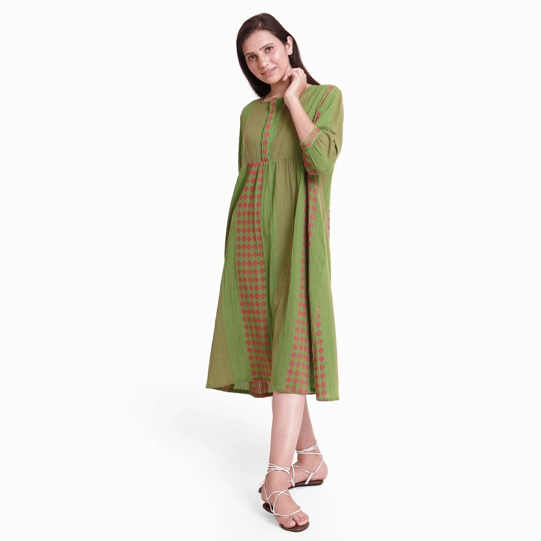 Green Crinkled 100% Cotton Gathered Midi Dress