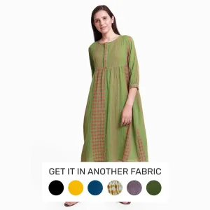 Green Crinkled 100% Cotton Gathered Midi Dress