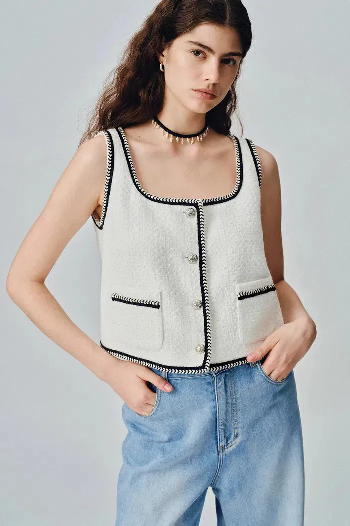Hailey Square Neck Vest in Herringbone Wool Blend Tweed