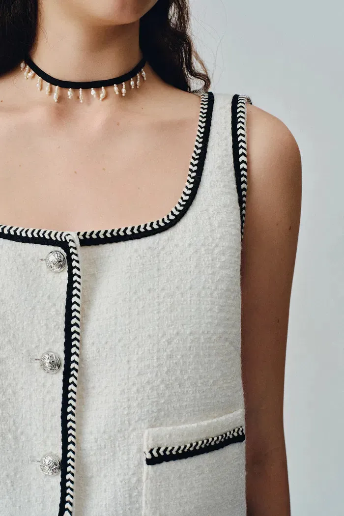 Hailey Square Neck Vest in Herringbone Wool Blend Tweed